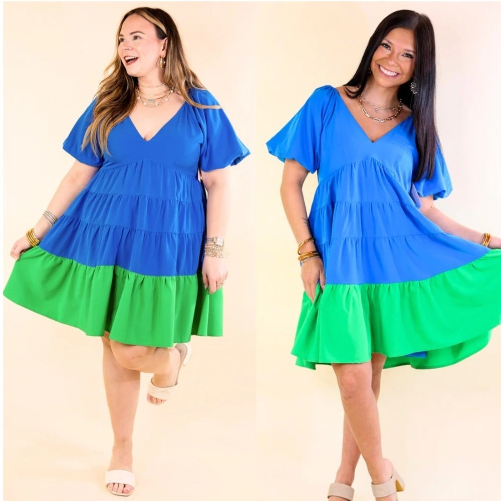 Entro Blue Green Puff Sleeve V Neck Tiered Knee Length Dopamine dressing - Picture 2 of 10